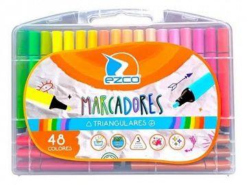 MARCADORES EZCO TRIANGULARES X 48 COLORES (VALIJA PLASTICA)